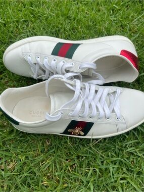 Gucci White Leather Sneakers with Green and Red Web Stripe and Bee